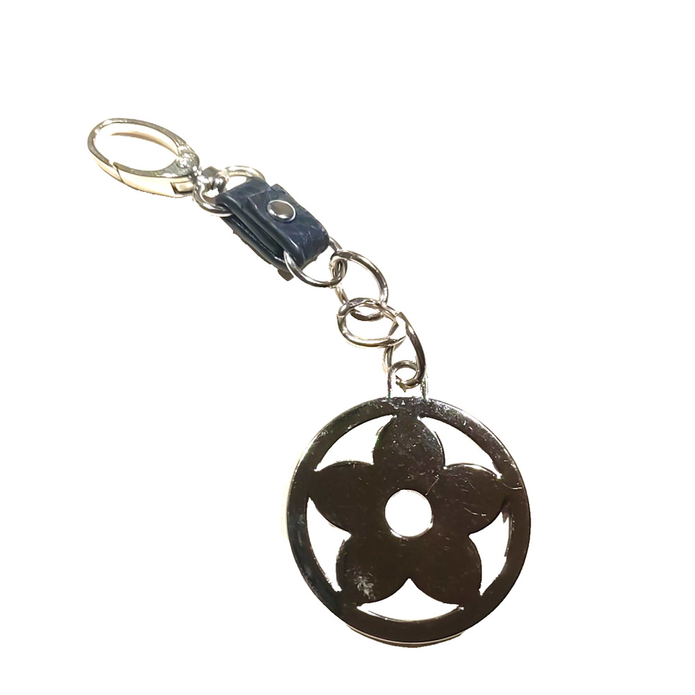 Flower Keychain Black Silver Tone Long Clip